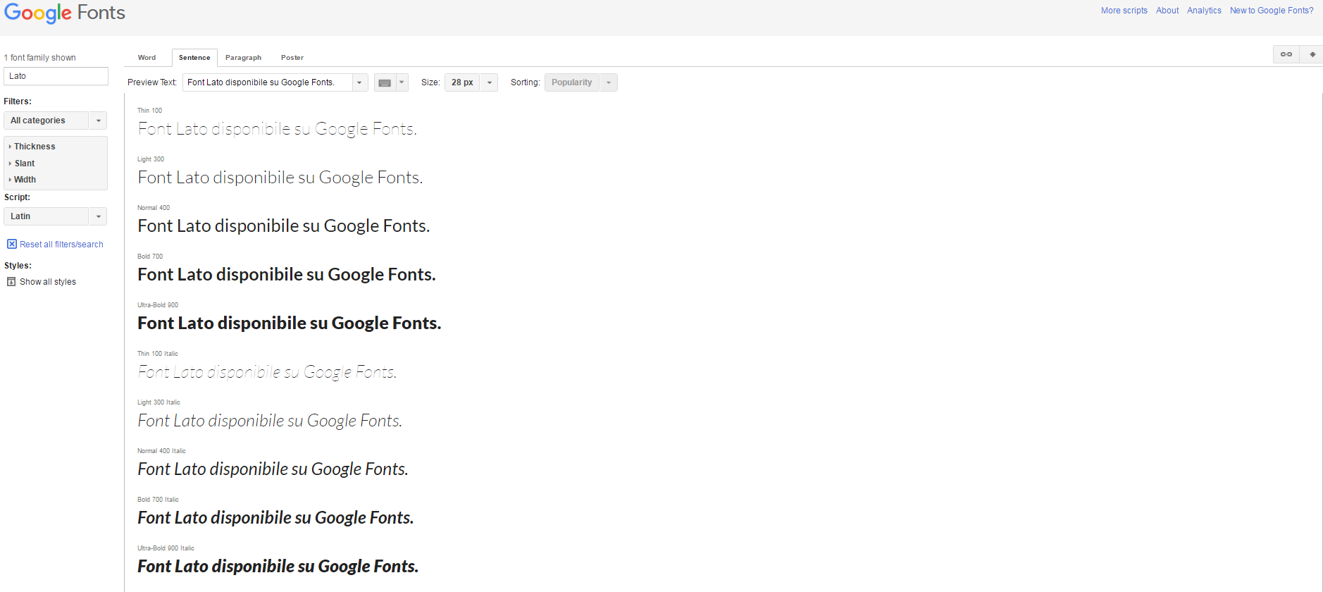Diverse versioni del font Lato disponibili su Google Fonts