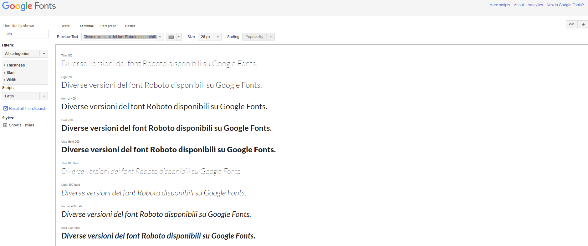 Diverse versioni del font Roboto disponibili su Google Fonts