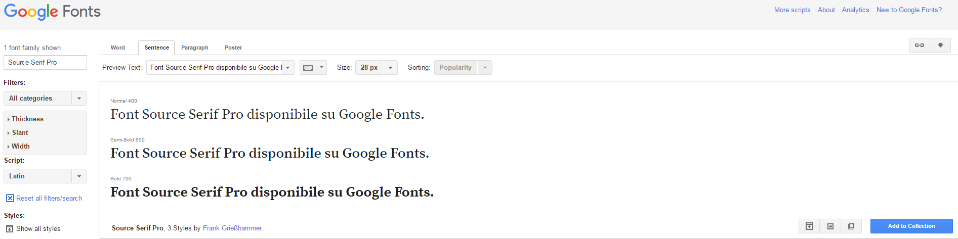 Alt-Text: Diverse versioni del font Source Serif Pro disponibili su Google Fonts