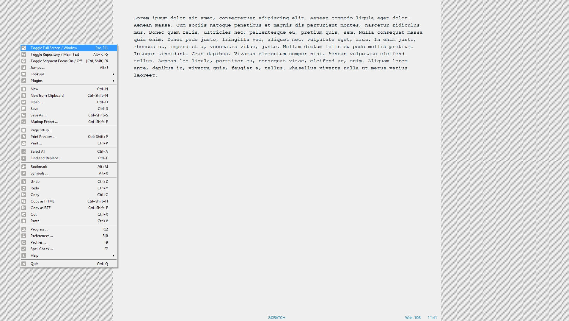 Interfaccia utente di WriteMonkey in inglese con esempio di nuovo documento
