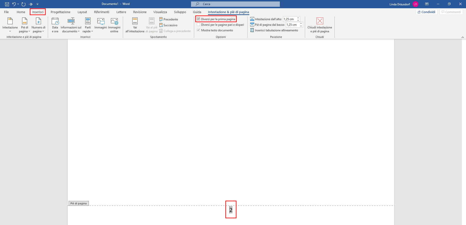 Inserire i numeri di pagina da pagina 2 in Word 365 Inserire i numeri di pagina da pagina 2 in Word 365