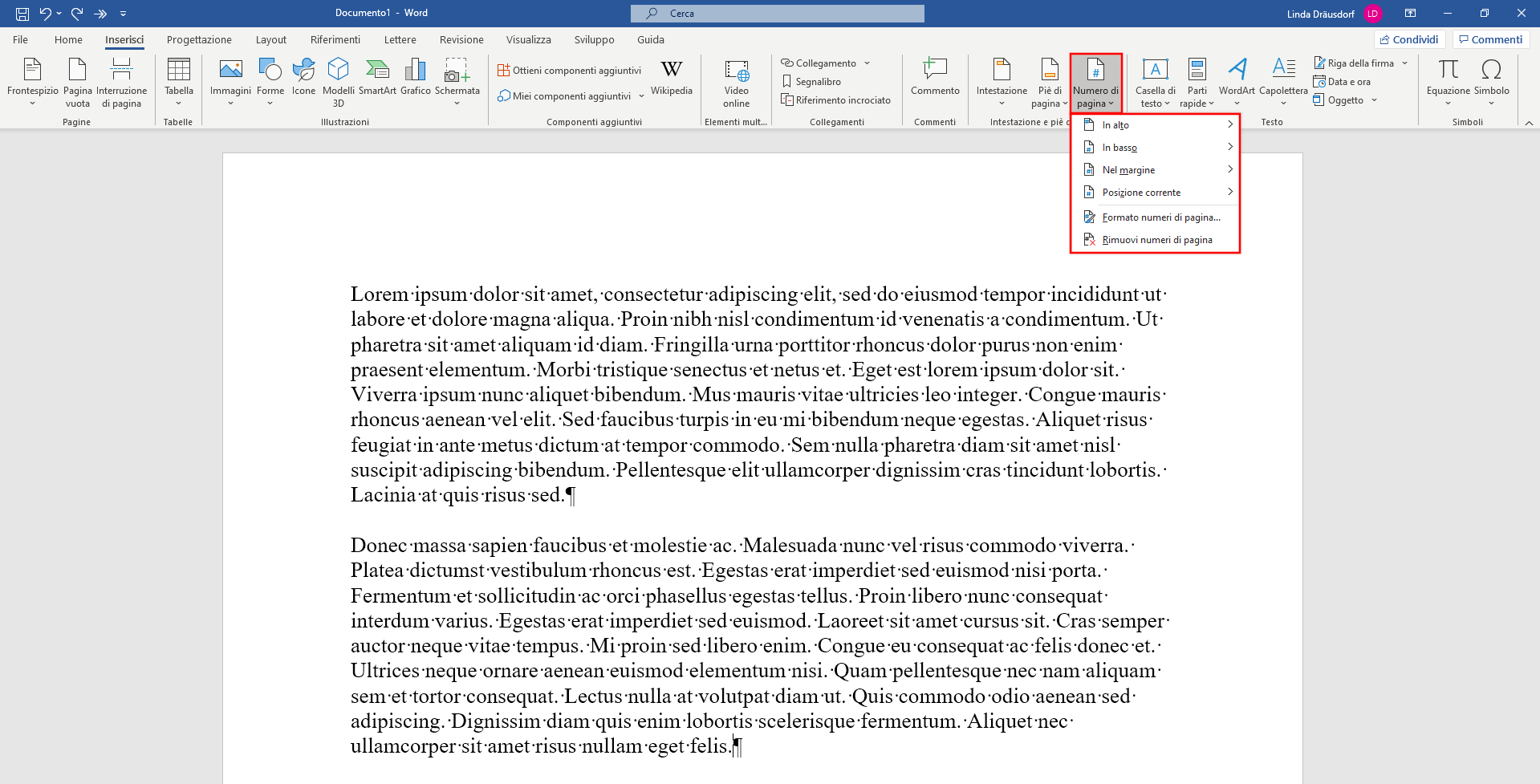 Inserire i numeri di pagina in Word 365 Inserire i numeri di pagina in Word 365