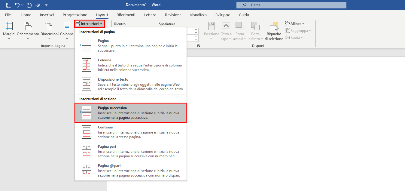 Interruzione di pagina e interruzione di sezione per l’inserimento del numero di pagina da pagina 3 in Word 365 Interruzione di pagina e interruzione di sezione per l’inserimento del numero di pagina da pagina 3 in Word 365
