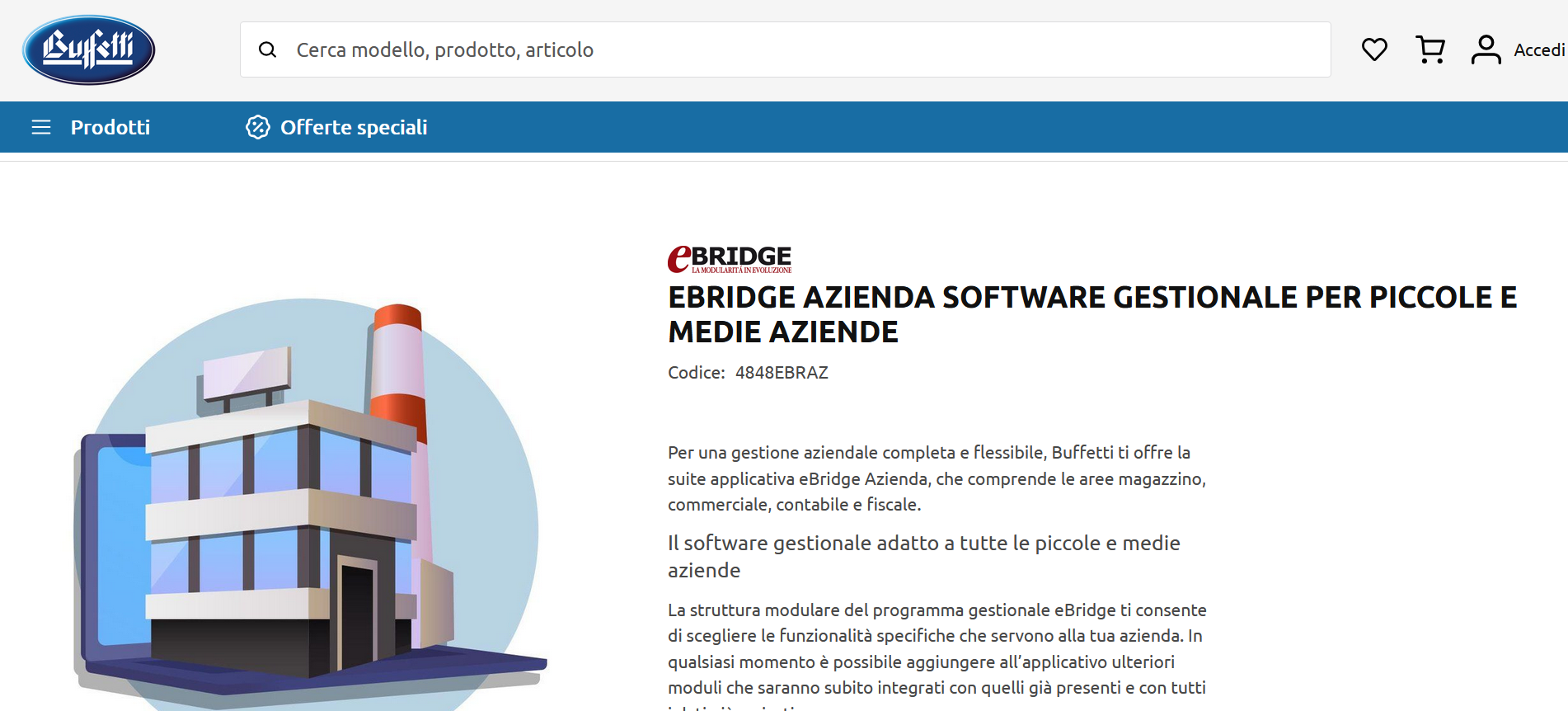 Screenshot della pagina di prodotto di eBridge Azienda sul sito web di Buffetti Immagine: Screenshot della pagina di prodotto di eBridge Azienda sul sito web di Buffetti