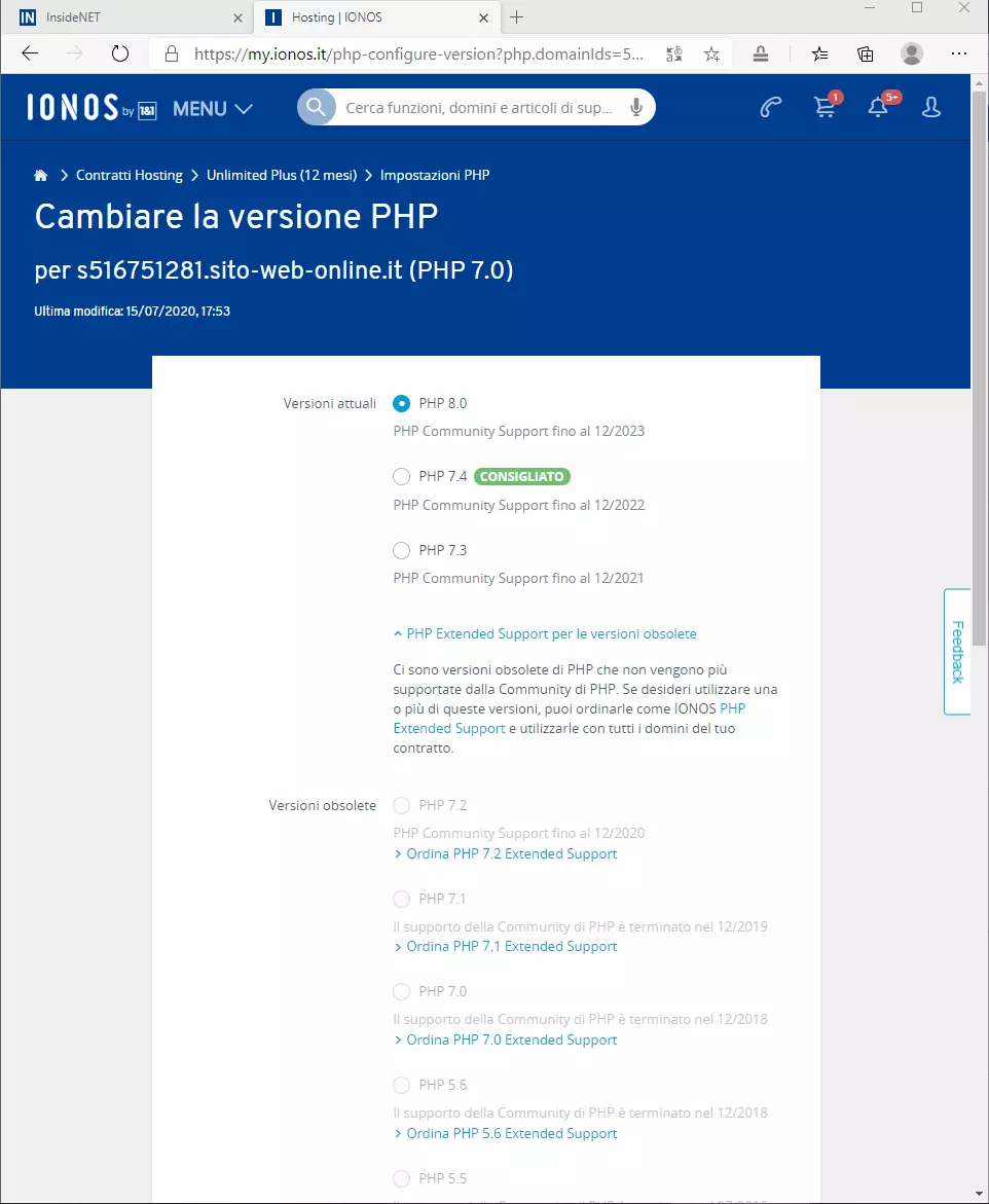Provare PHP 8 con IONOS