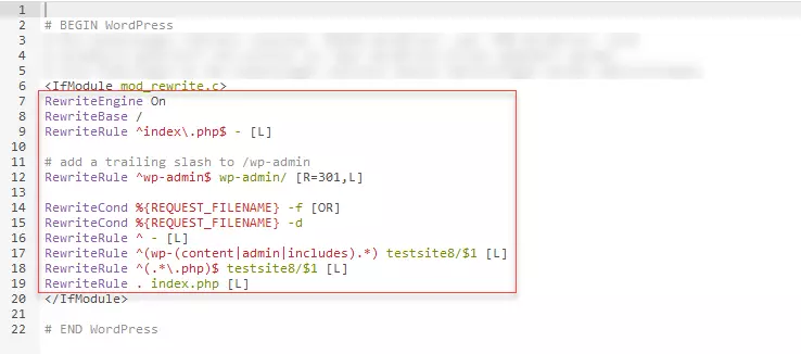 Immagine: Nuovo file .htaccess con il codice sostituito del backend di WordPress