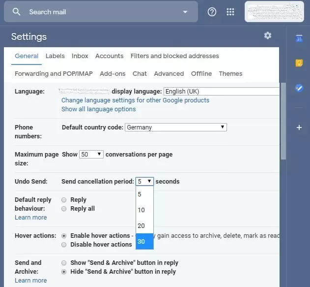 Immagine: Periodo di annullamento Gmail: opzioni impostazioni