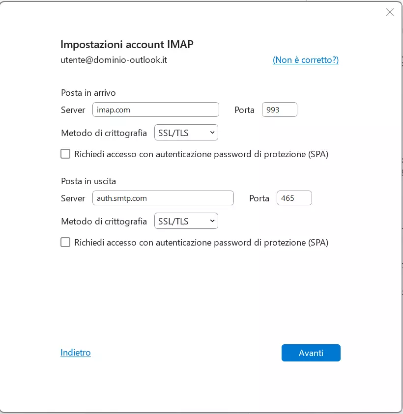 Impostazioni dell’account IMAP su Outlook Impostazioni dell’account IMAP su Outlook