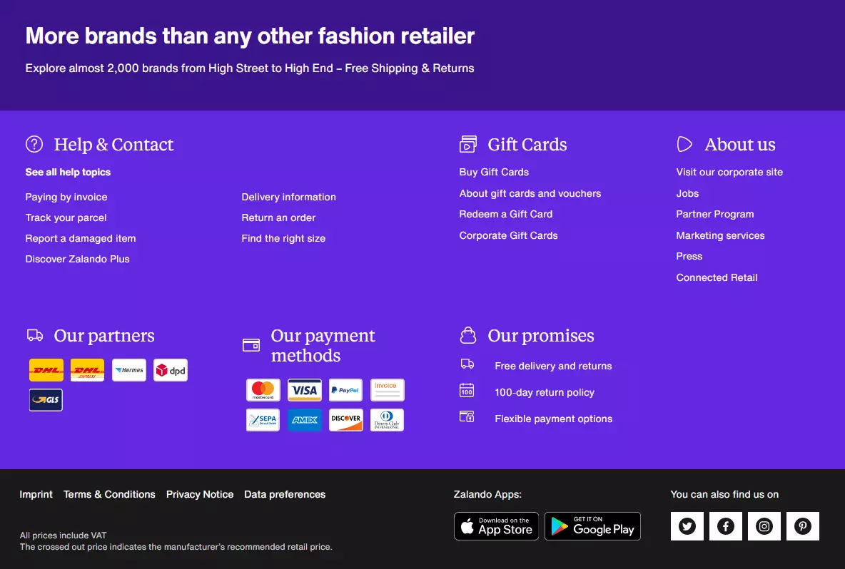 Footer del sito web: best practice su Zalando.com