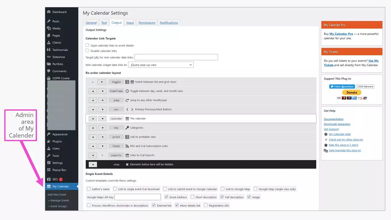 Immagine: Area di amministrazione ben suddivisa del calendario WordPress My Calendar