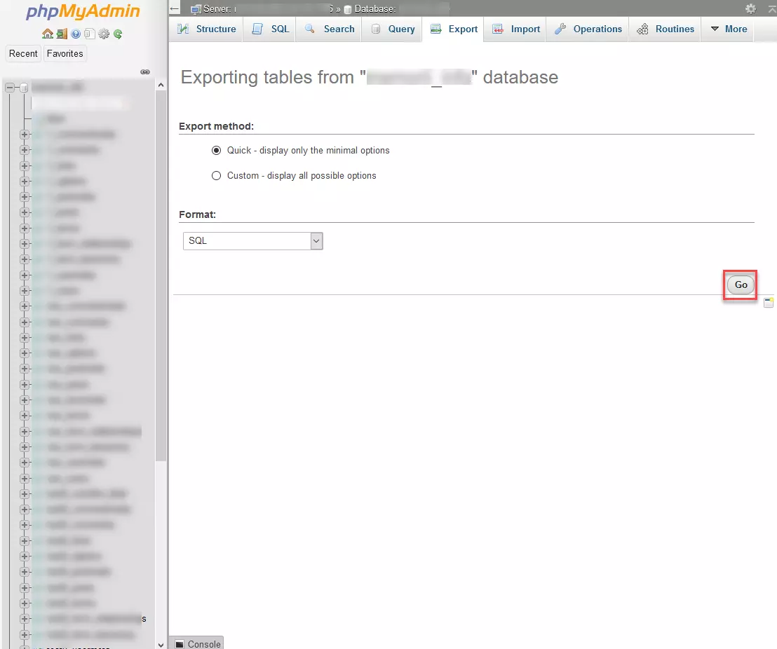 Immagine: phpMyAdmin: esportare le tabelle del database 