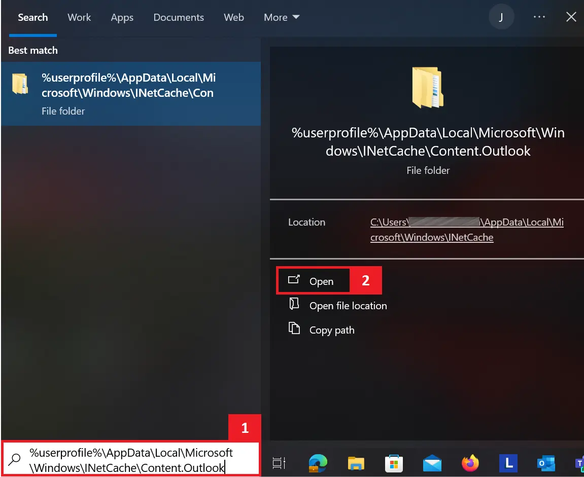 Operazione per aprire la cartella cache di Outlook Immagine: Operazione per aprire la cartella cache di Outlook