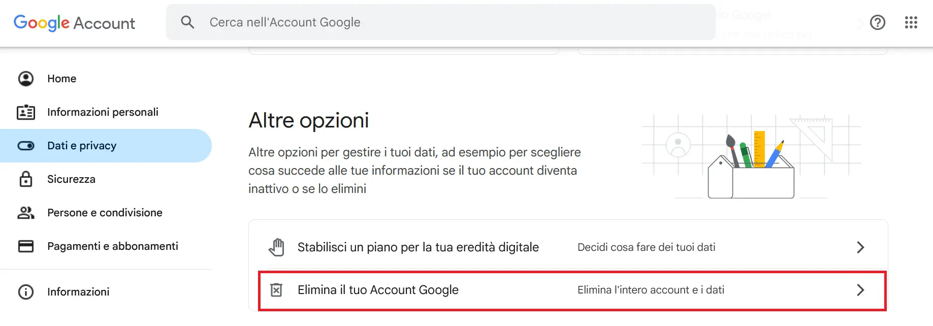 Immagine: Account Google: menu “Elimina il tuo Account Google”