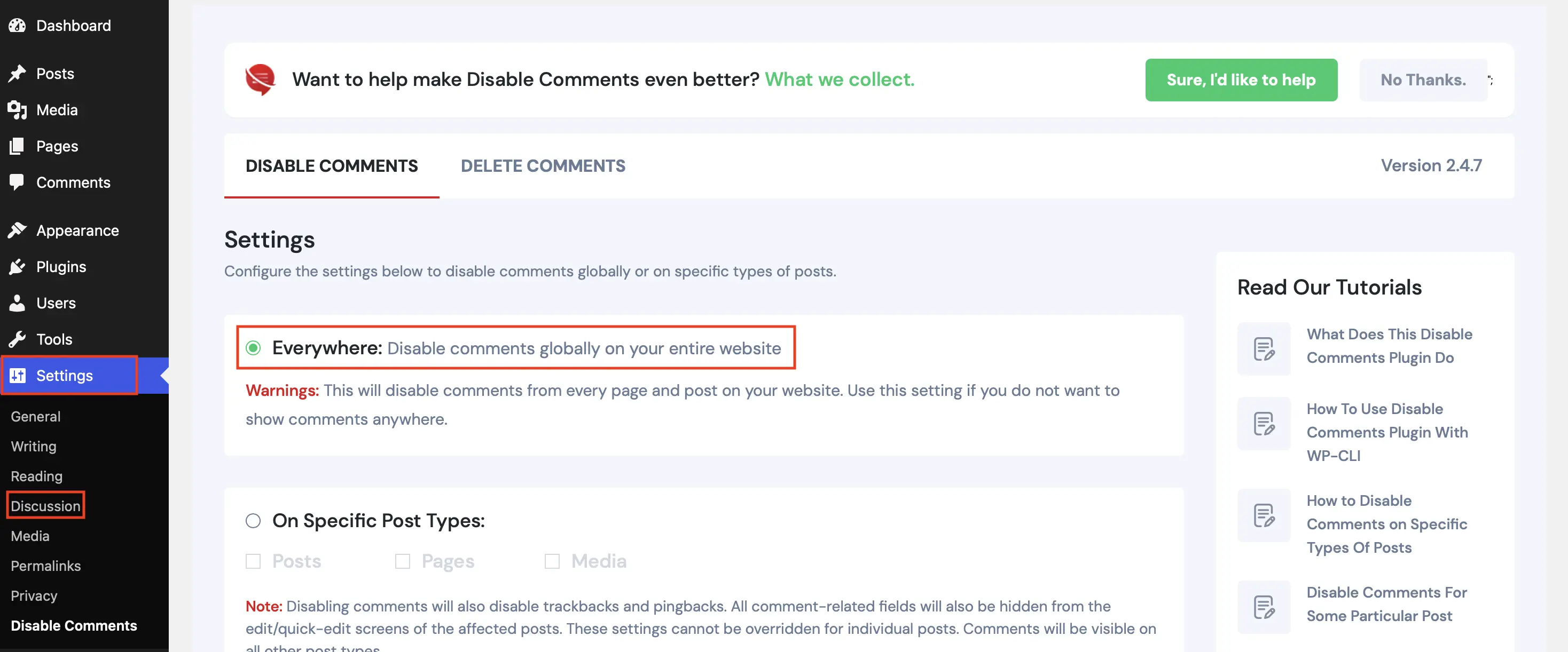 Bacheca del plugin “Disable Comments” per disabilitare i commenti, con opzioni di impostazione Immagine: Bacheca del plugin “Disable Comments” per disabilitare i commenti, con opzioni di impostazione