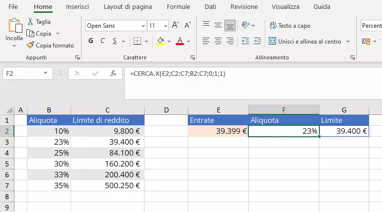 Immagine: Excel: esempio di CERCA.X con tre argomenti obbligatori e tutti gli argomenti opzionali