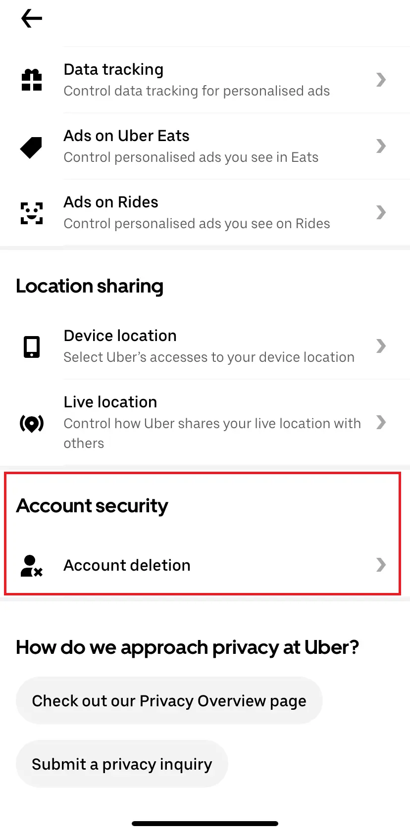 Immagine: Screenshot dell’opzione di eliminazione dell’account nell’app di Uber