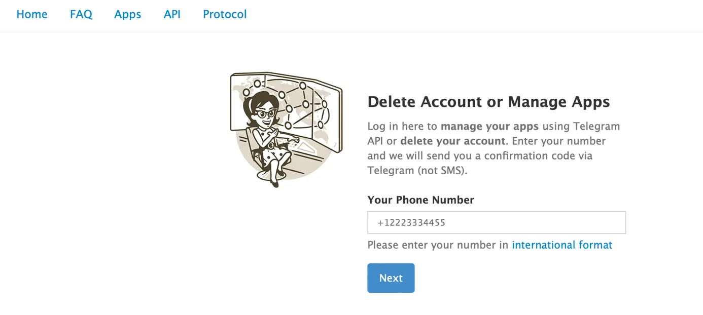 Nel browser: sito web di Telegram per la cancellazione dell’account Immagine: Nel browser: sito web di Telegram per la cancellazione dell’account