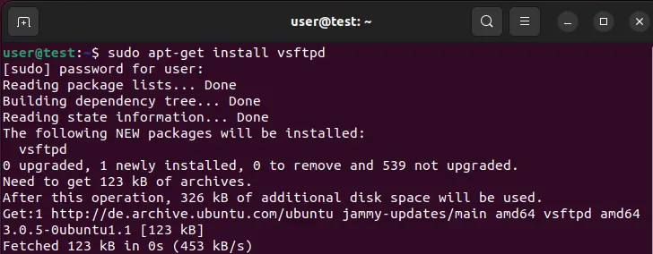Ubuntu 22.04: installazione di vsftpd nel terminale Immagine: Ubuntu 22.04: installazione di vsftpd nel terminale
