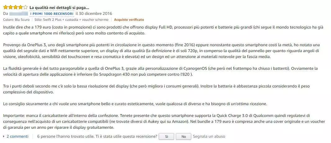 Immagine: Screenshot di una recensione su Amazon dello smartphone WileyFox Swift 2