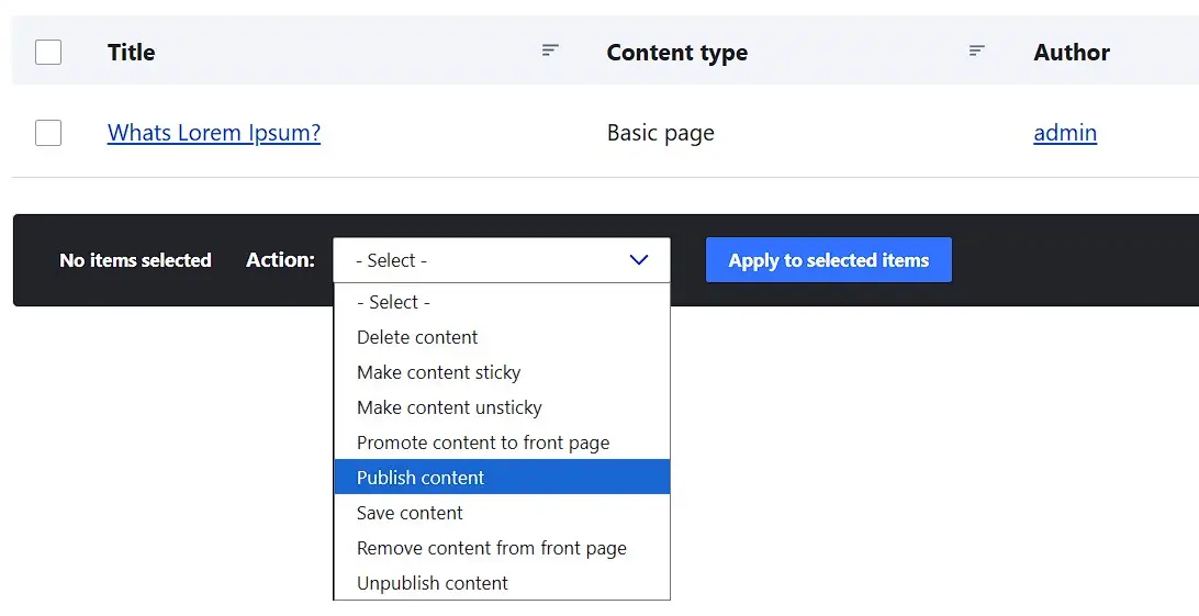 Pagina di testo su Drupal selezionata nel menu “Content” (contenuto) Immagine: Pagina di testo su Drupal selezionata nel menu “Content” (contenuto)