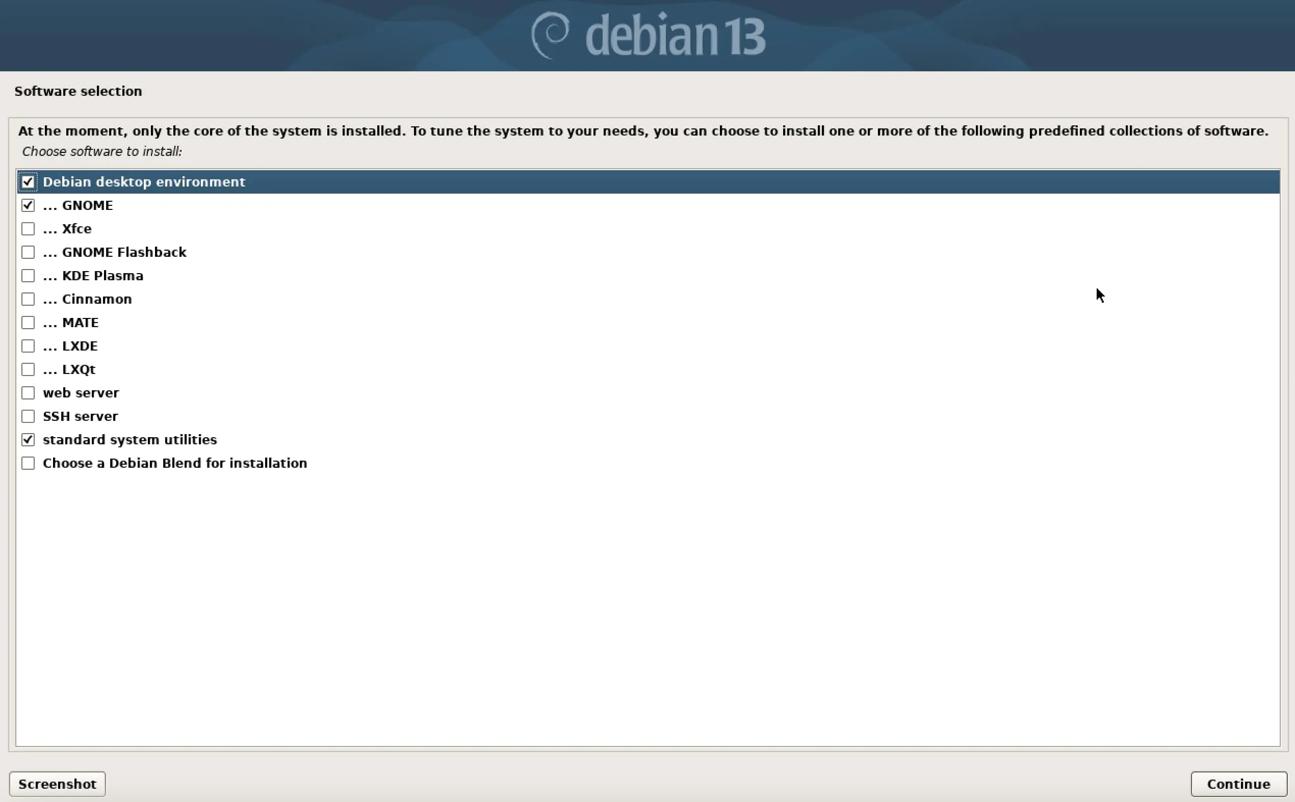Immagine: Screenshot dell&rsquo;installazione di Debian 13: selezione del software
