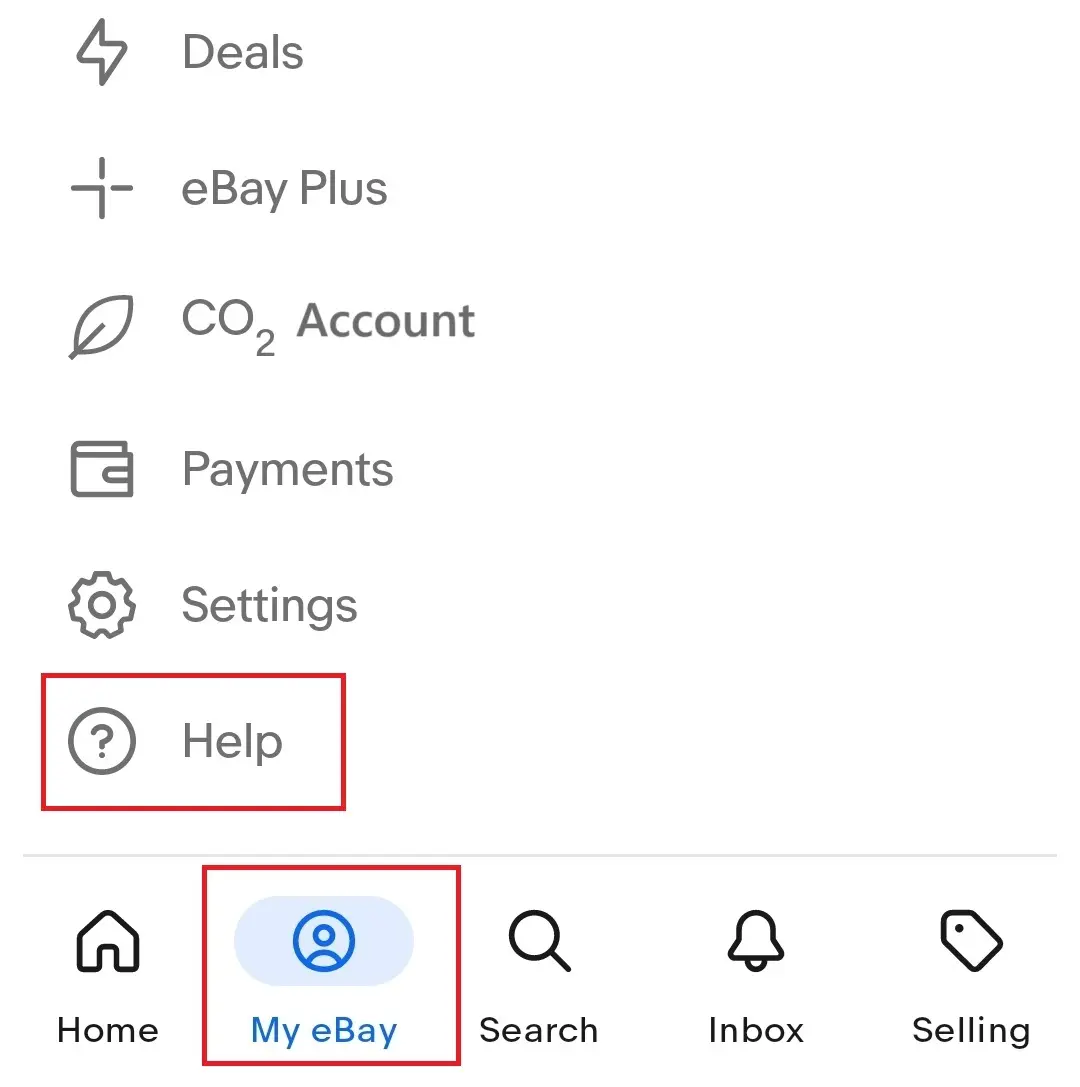 Immagine: Screenshot del menu all’interno dell’app di eBay alla voce “Aiuto”, versione Android