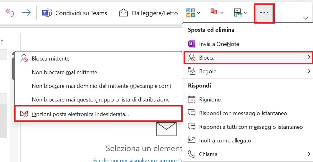 Immagine: Opzioni di posta indesiderata nella barra multifunzione semplificata di Outlook