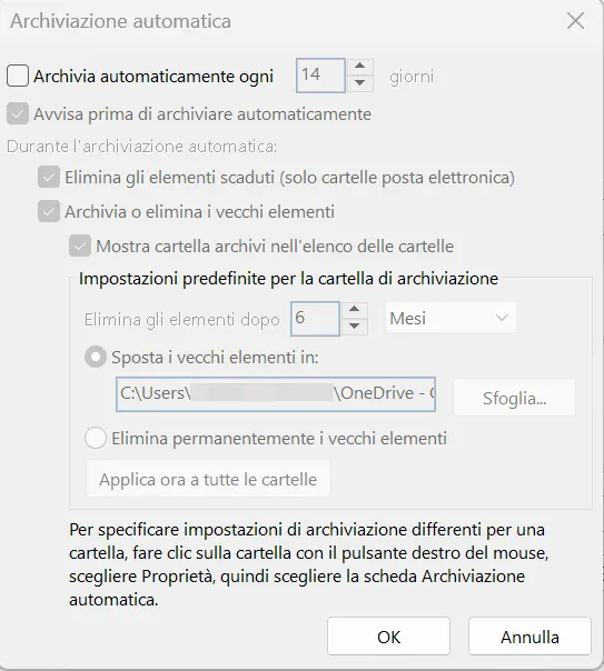 Microsoft Outlook: finestra di dialogo “Archiviazione automatica” Immagine: Microsoft Outlook: finestra di dialogo “Archiviazione automatica”