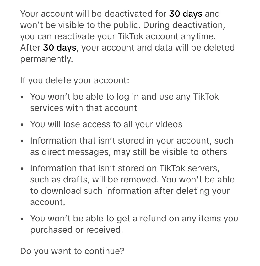 Immagine: Informativa sulla cancellazione dell’account TikTok