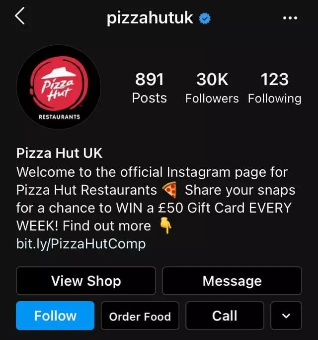 Immagine: Biografia con pulsante “Ordina cibo“ nel profilo di Instagram