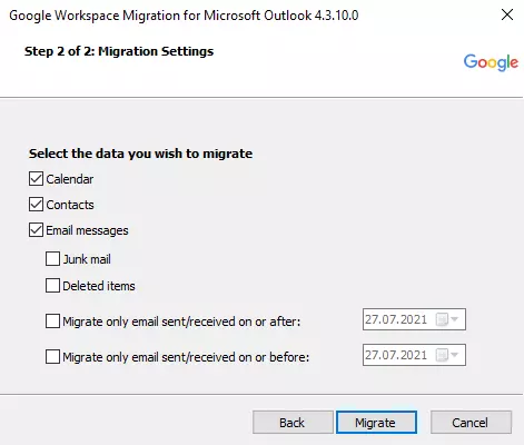 Google Workspace Migration for Microsoft Outlook: selezione dei file da migrare