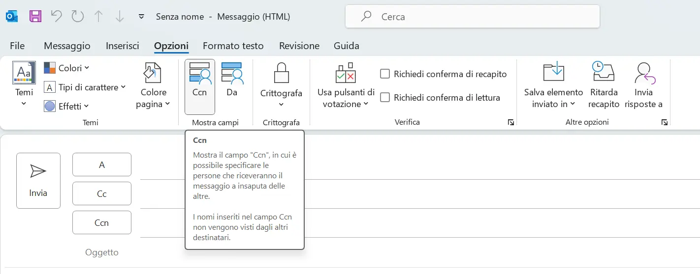 Outlook: Il pulsante “Ccn” nella scheda “Opzioni” Immagine: Outlook: Il pulsante “Ccn” nella scheda “Opzioni”