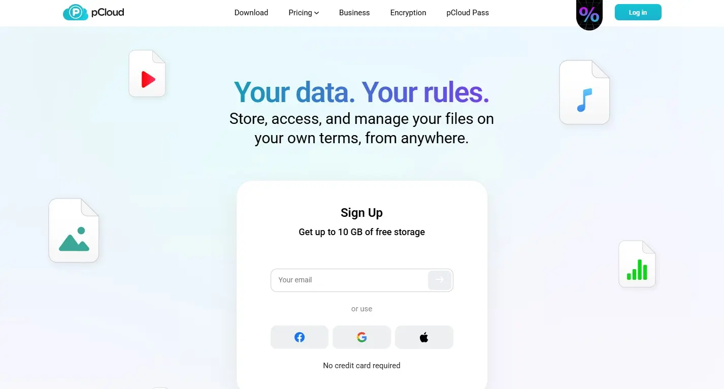Immagine: Screenshot della pagina iniziale di pCloud