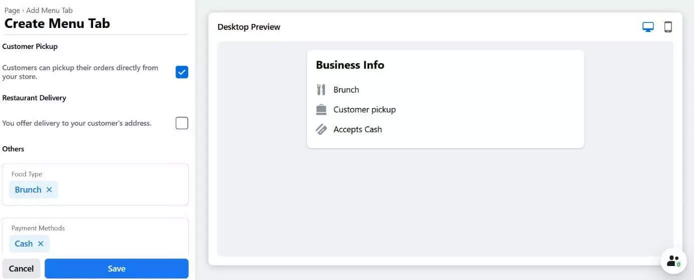 Immagine: Inserimento di un menu su Facebook