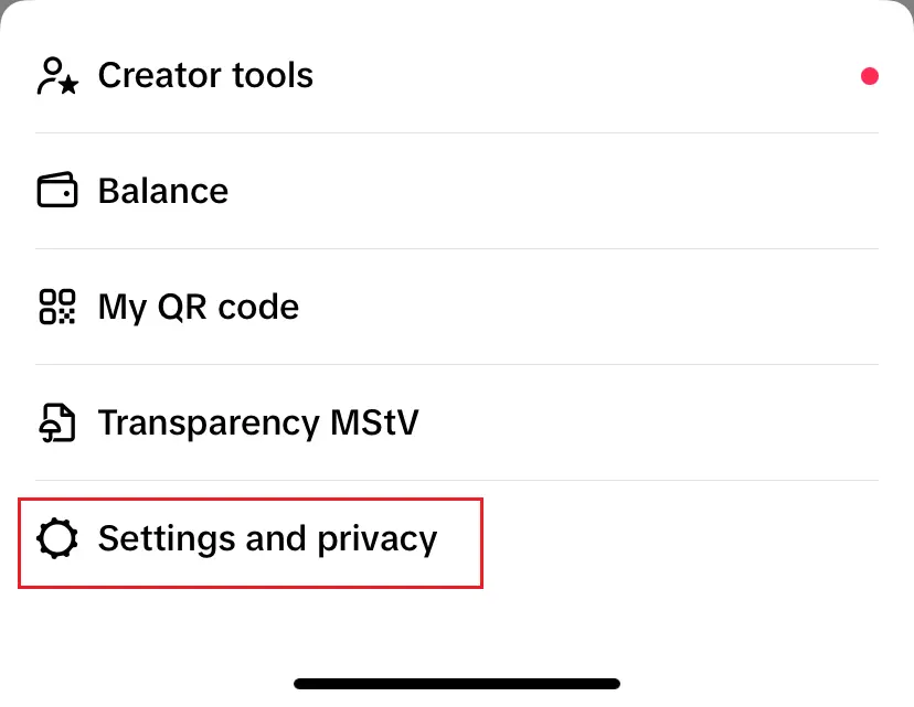 Immagine: Menu generale di TikTok dopo aver toccato l’icona con tre linee