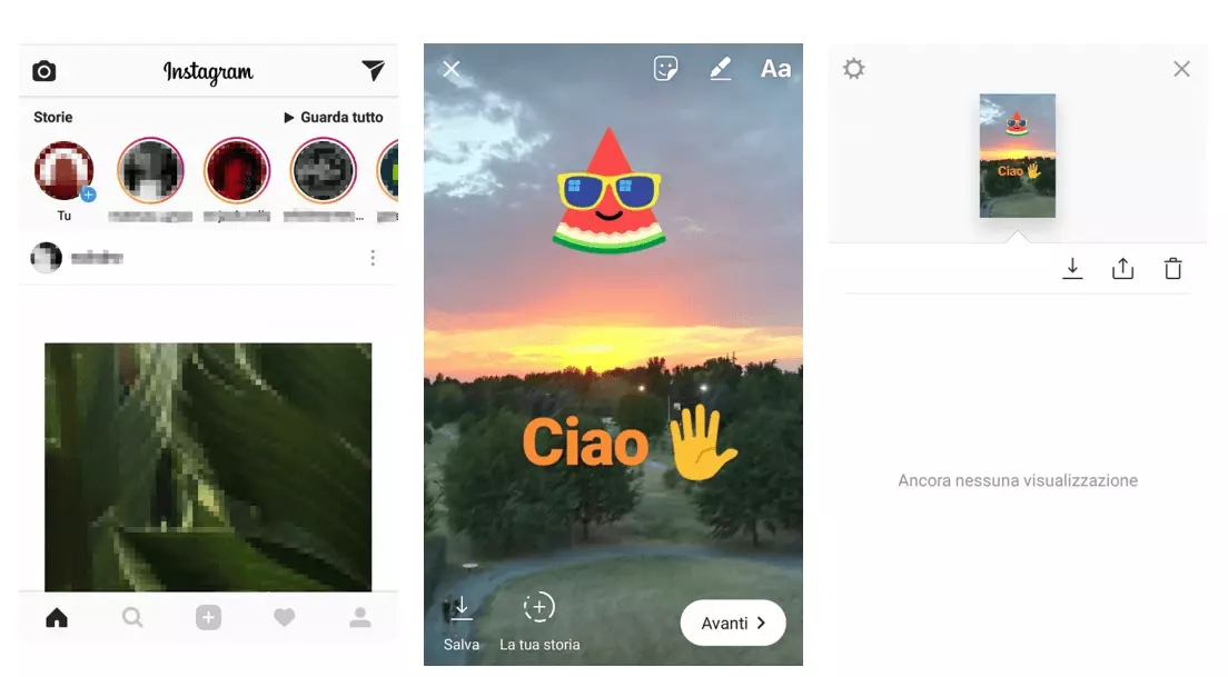 Pagina iniziale dell’app di Instagram con una barra separata per le Storie