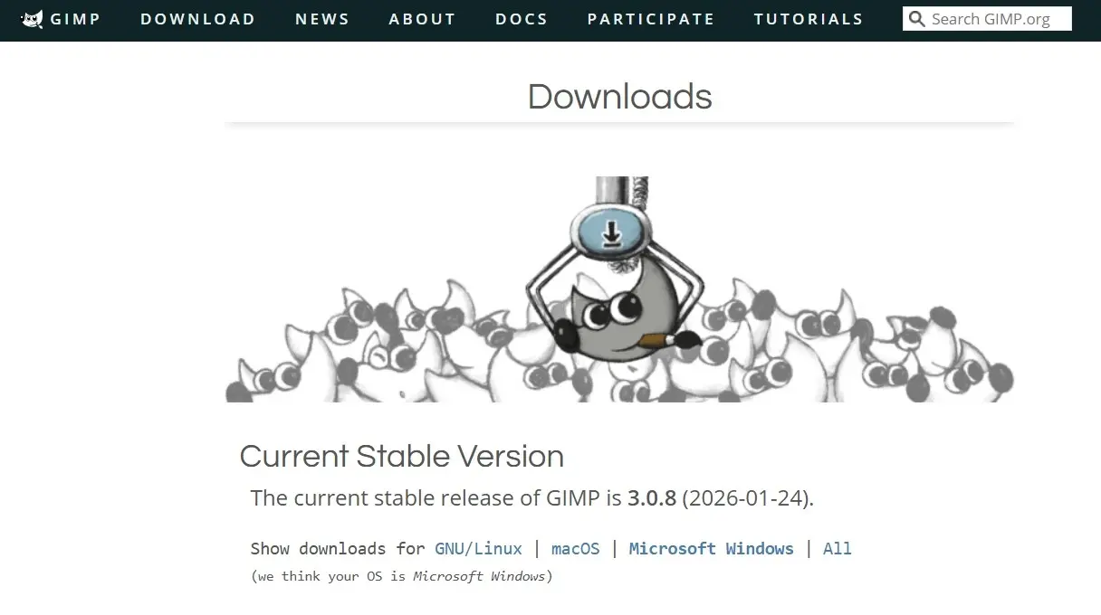 Sito web per il download di GIMP Immagine: Sito web per il download di GIMP
