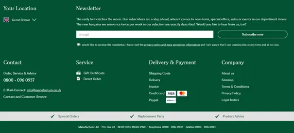 Schermata del footer del negozio di spedizioni Manufactum Immagine: Schermata del footer del negozio di spedizioni Manufactum