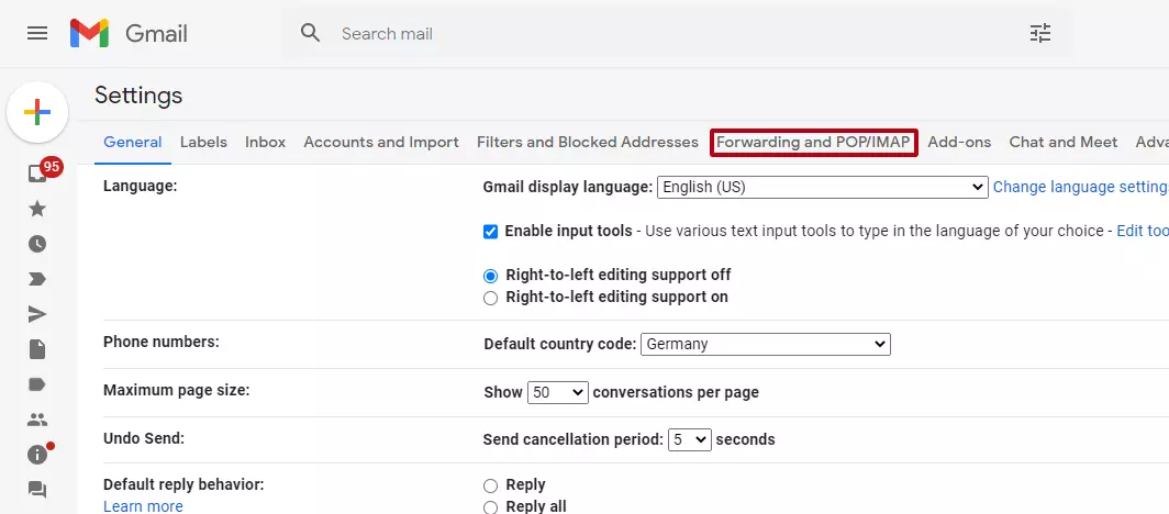 Client Gmail: scheda “Inoltro e POP/IMAP” sotto “Impostazioni”