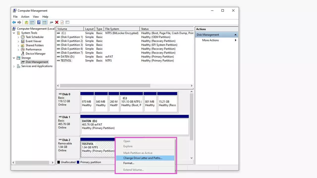 Menu contestuale attivo in Gestione disco di Windows 
