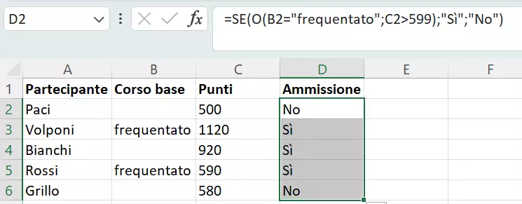 Combinazione delle funzioni SE e O: copiare la funzione in tutte le celle Combinazione delle funzioni SE e O: copiare la funzione in tutte le celle