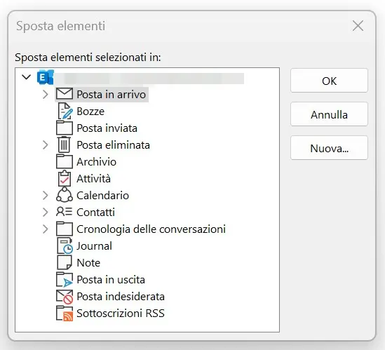 Selezionare la cartella in cui spostare gli elementi selezionati Immagine: Selezionare la cartella in cui spostare gli elementi selezionati