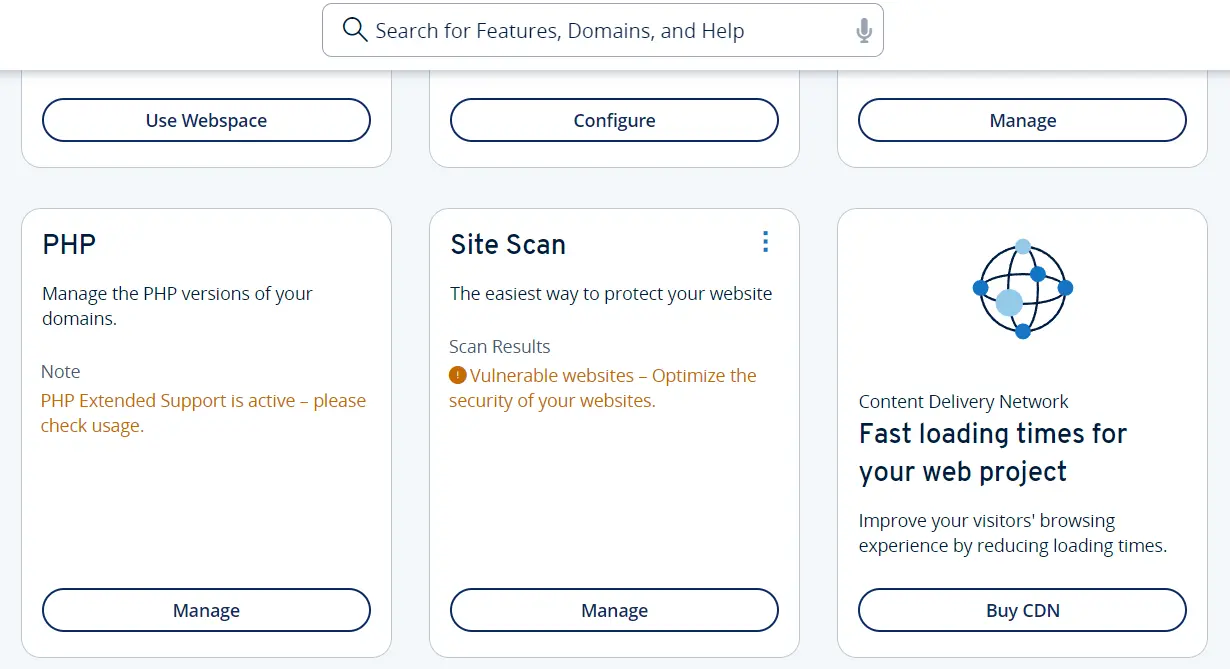 Area cliente di IONOS: scheda PHP nella panoramica dell’hosting Immagine: Area cliente di IONOS: scheda PHP nella panoramica dell’hosting