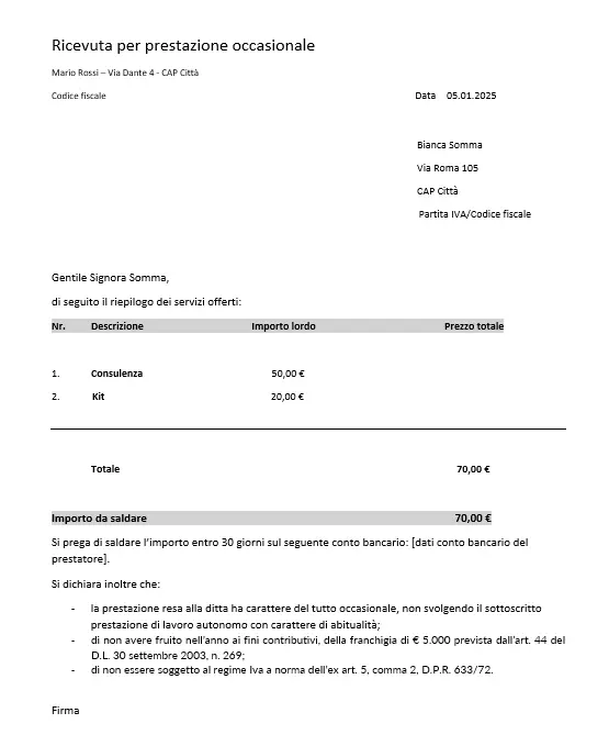 Immagine: Fac-simile di ricevuta per prestazione occasionale