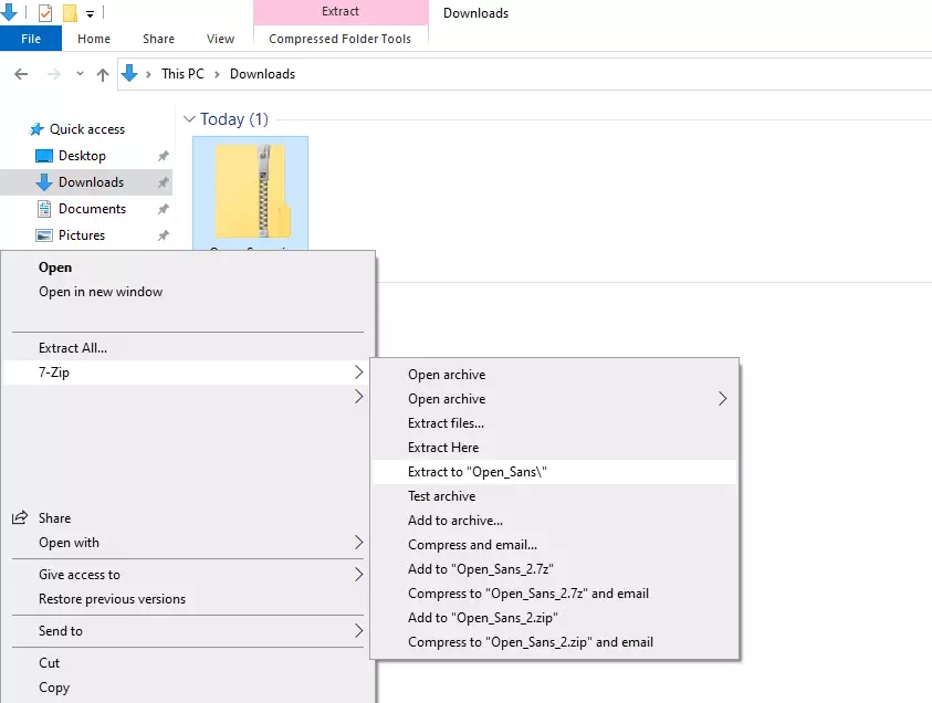 Immagine: File zip del font: menu per decomprimere