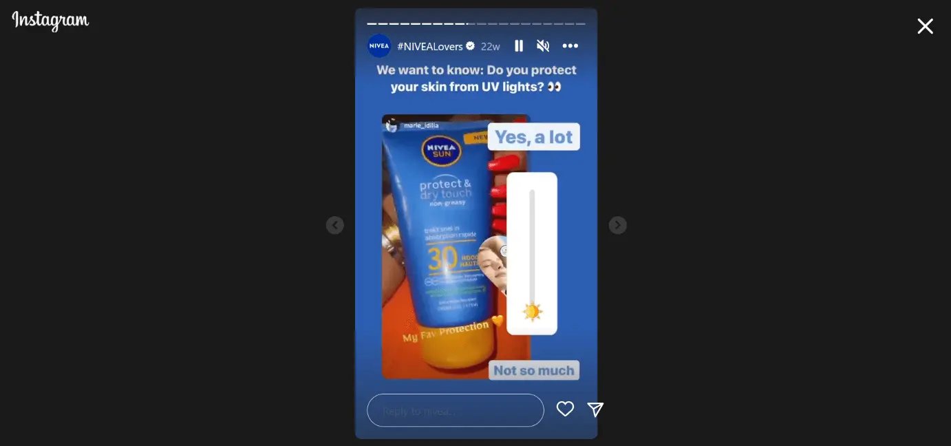 Schermata di un post Instagram di Nivea con uno sticker Immagine: Schermata di un post Instagram di Nivea con uno sticker