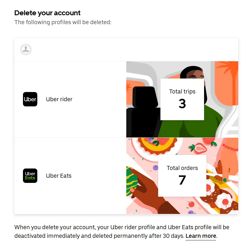 Immagine: Screenshot dell’opzione di eliminazione dell’account sul sito web di Uber