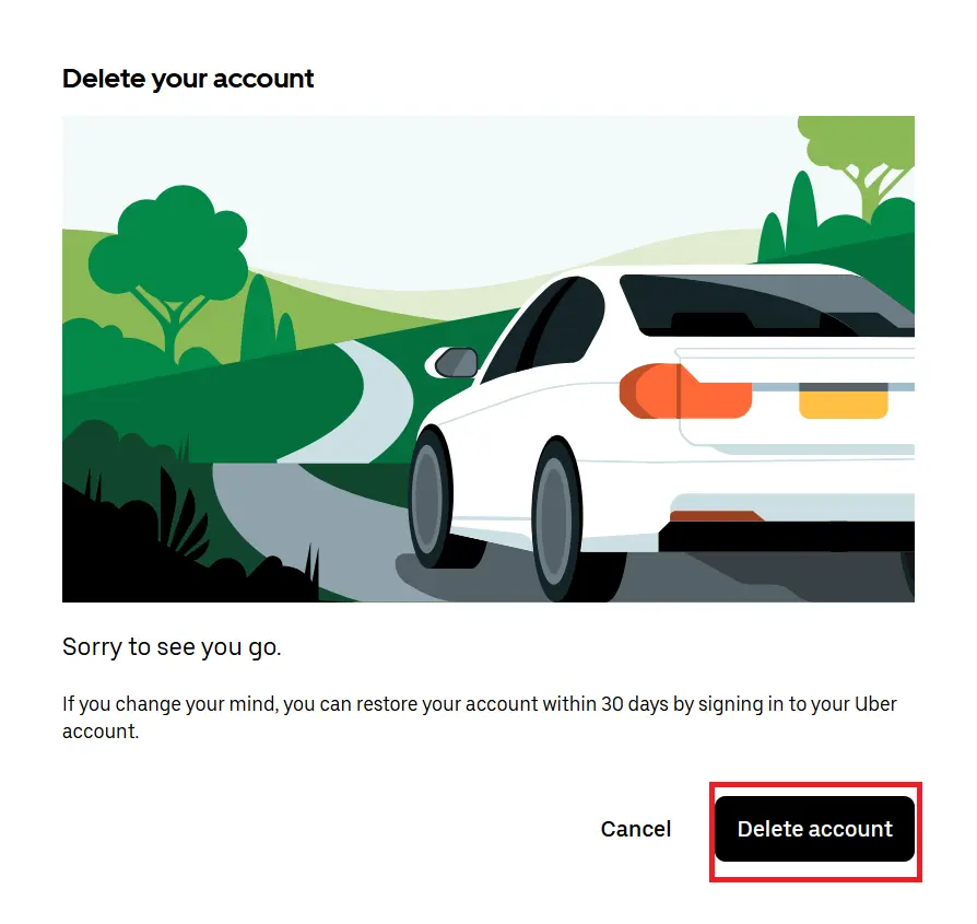 Immagine: Screenshot di eliminazione dell’account sul sito web di Uber