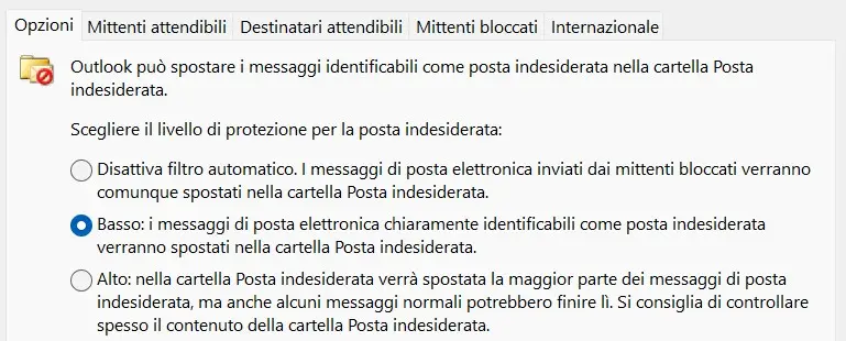 Immagine: Opzioni del filtro di posta elettronica di Outlook