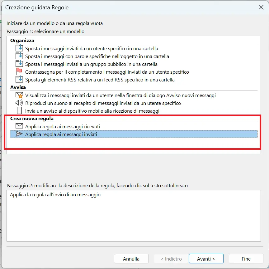 Creazione guidata Regole di Outlook: selezione della regola Immagine: Creazione guidata Regole di Outlook: selezione della regola